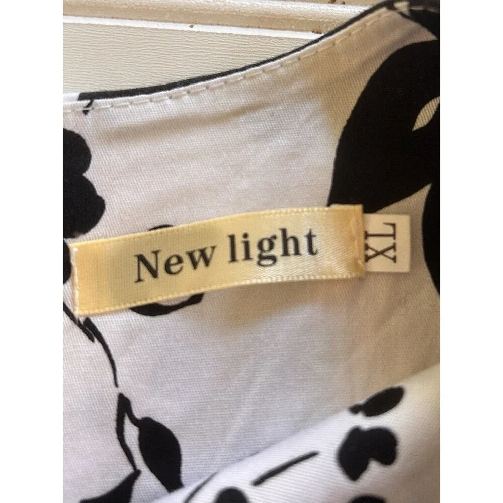 New Light Retro Floral A-Line Midi Dress White Red Black Rose Print Fit Flare XL